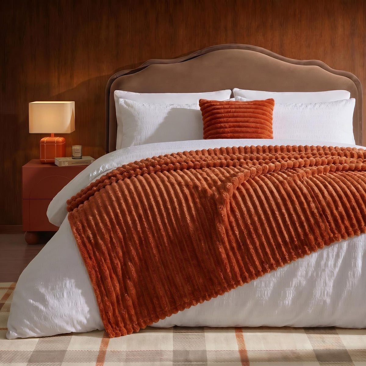 OHS Faux Fur Ribbed Fleece Throw Over Bed Blanket Warm Supersoft