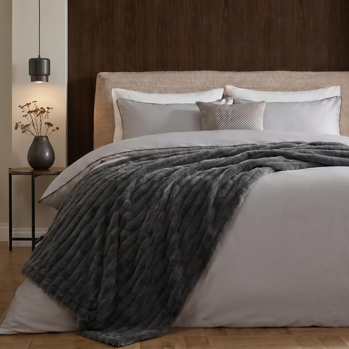 OHS Faux Fur Ribbed Fleece Throw Over Bed Blanket Warm Supersoft