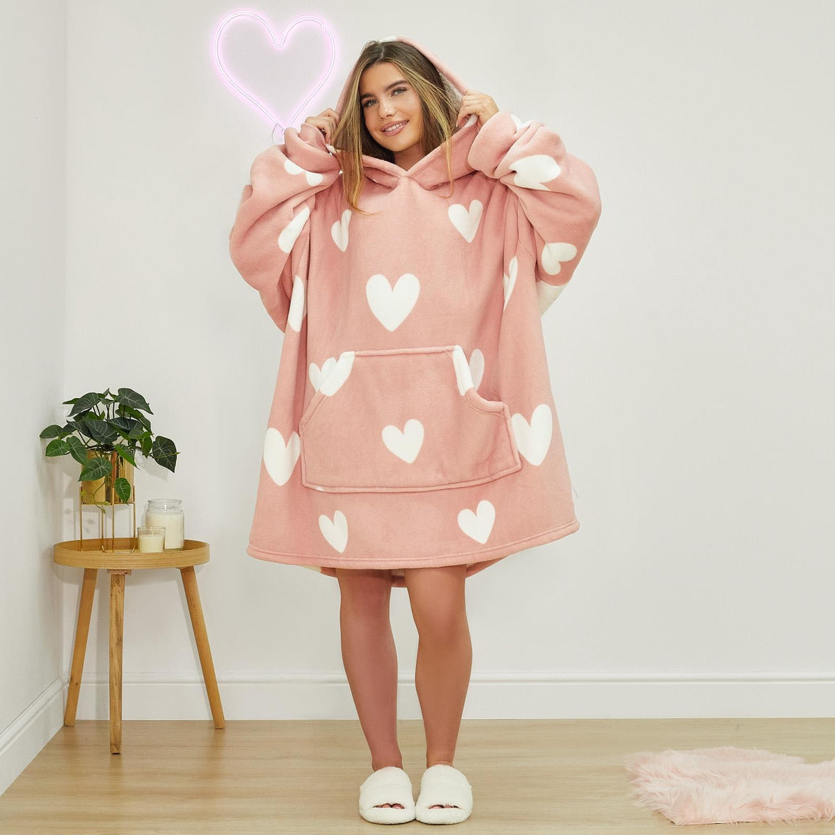 OHS Heart Print Hoodie Blanket Oversized Adult Fleece Sherpa Throw Jumper