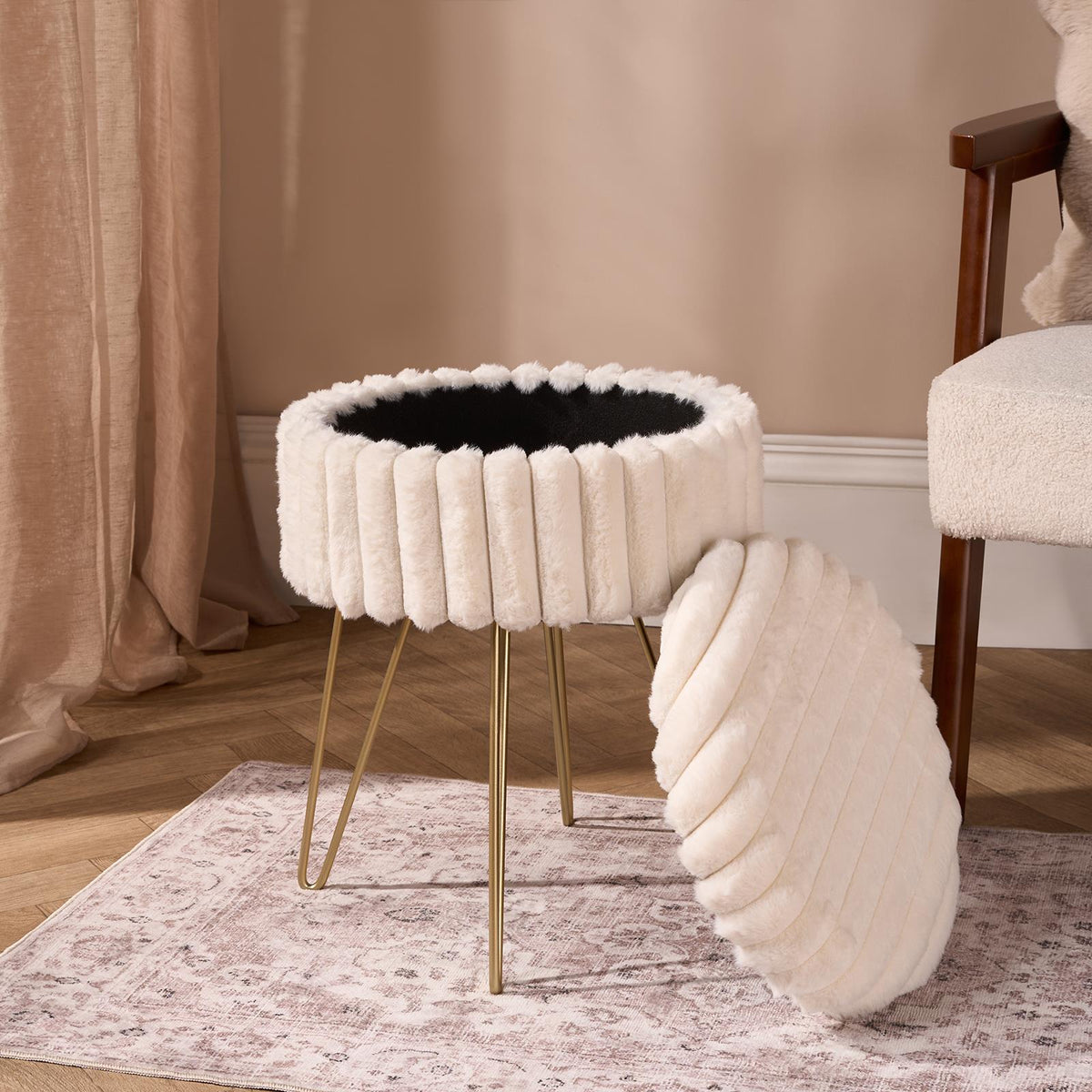 OHS Faux Fur Stool Hairpin Ribbed Fleece Round Vanity Seat Foot Rest Chair
