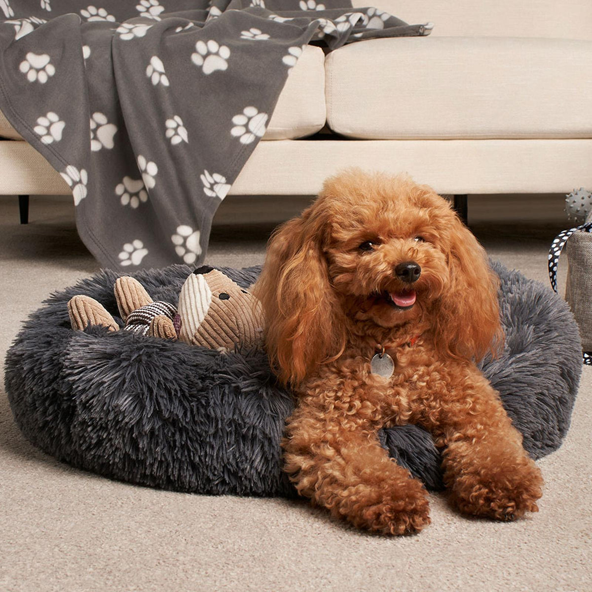 OHS Pet Bed Calming Fluffy Plush Fleece Dog Anti Anxiety Round Donut Washable