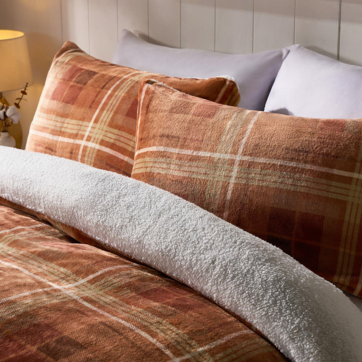 OHS Autumn Check Bedding Set Tartan Sherpa Fleece Duvet Cover with Pillowcase