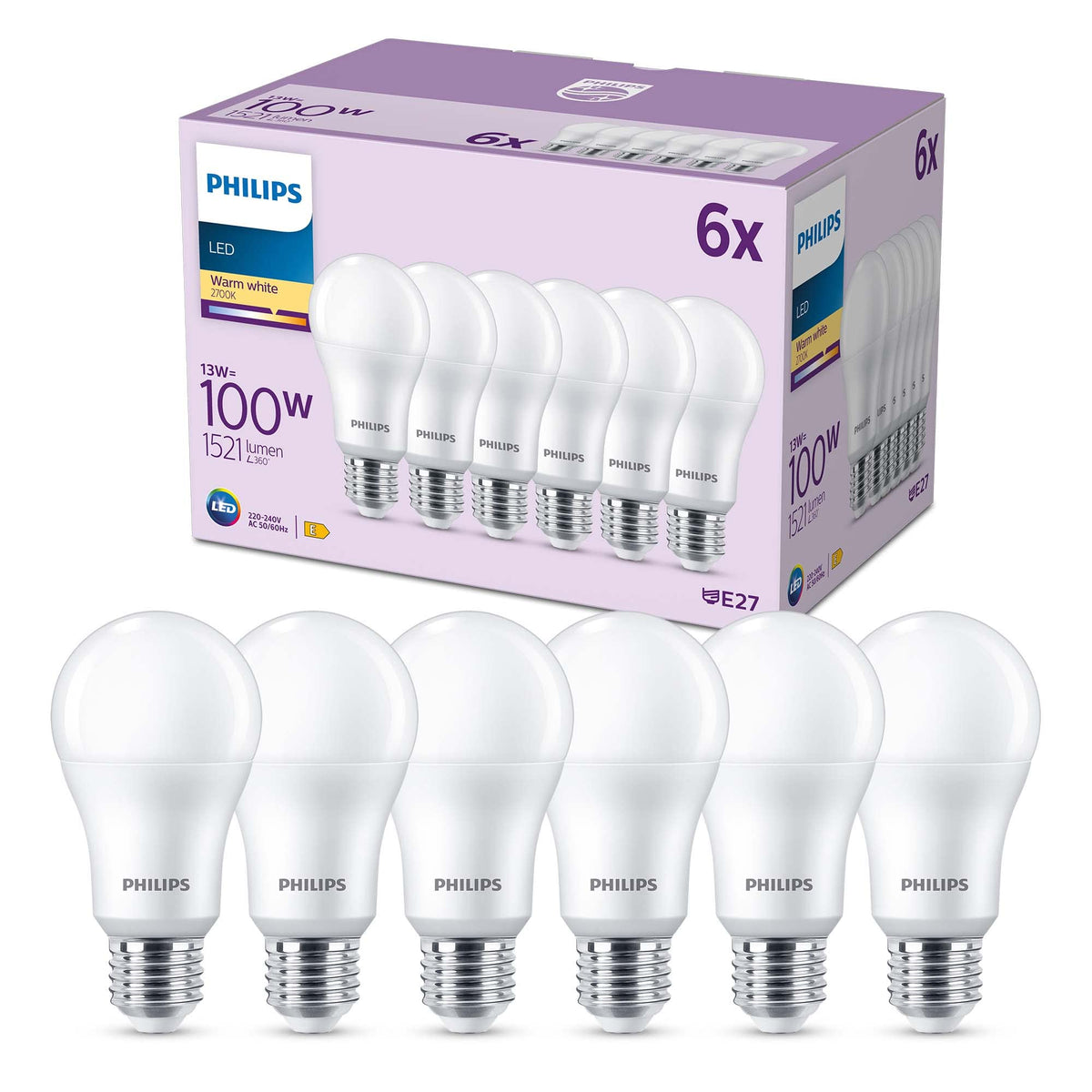 PHILIPS LED Frosted A67 Light Bulb 3 Pack [Warm White 2700K - E27 Edison Screw] 100W, Non Dimmable. for Home Indoor Lighting