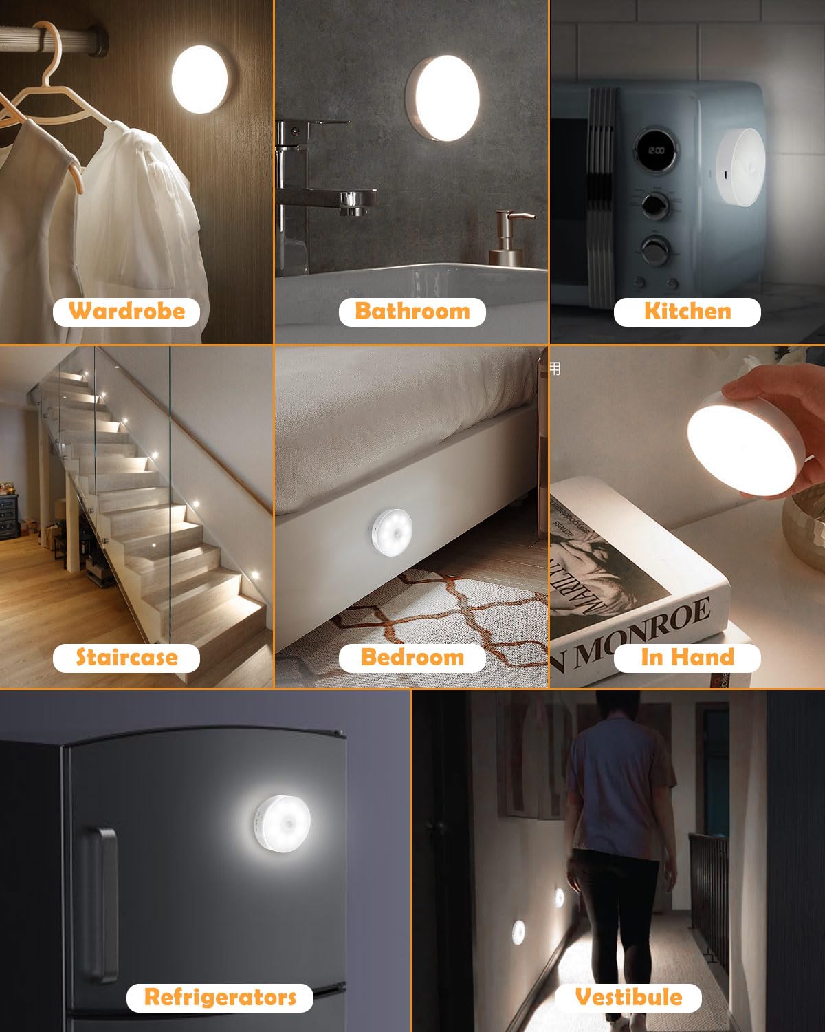 Motion Sensor Lights Indoor, 6 Pack Cupboard Lights, Stair Lights Night Lights, 3 Modes USB Charging Wall Lights, Magnetic Sensor Lights Indoors for Kitchen Stair Closet Under Cabinet