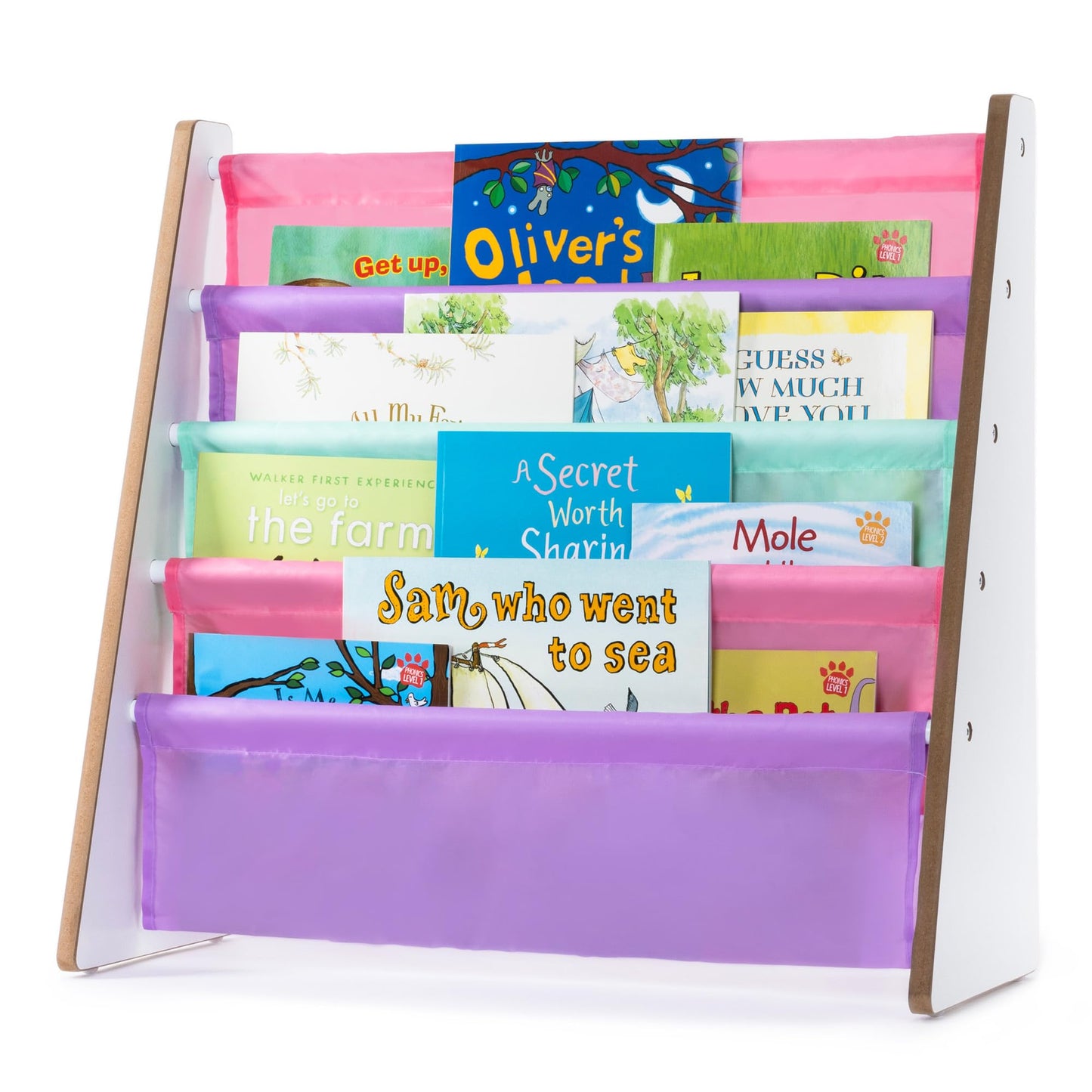 LIVIVO Colorful Kids Bookshelf - 4 Tier Children's Bookcase, Magazine and Book Storage Rack, Wooden Sling Book Organizer, Book Shelf for Kids Room, Bedroom, Nursery, Playroom (Natural)