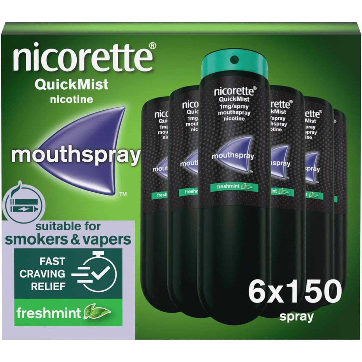 Nicorette Quickmist Mouthspray, Freshmint Nicotine Mouthspray, 2 Units x 150 Sprays (Packaging May Vary)