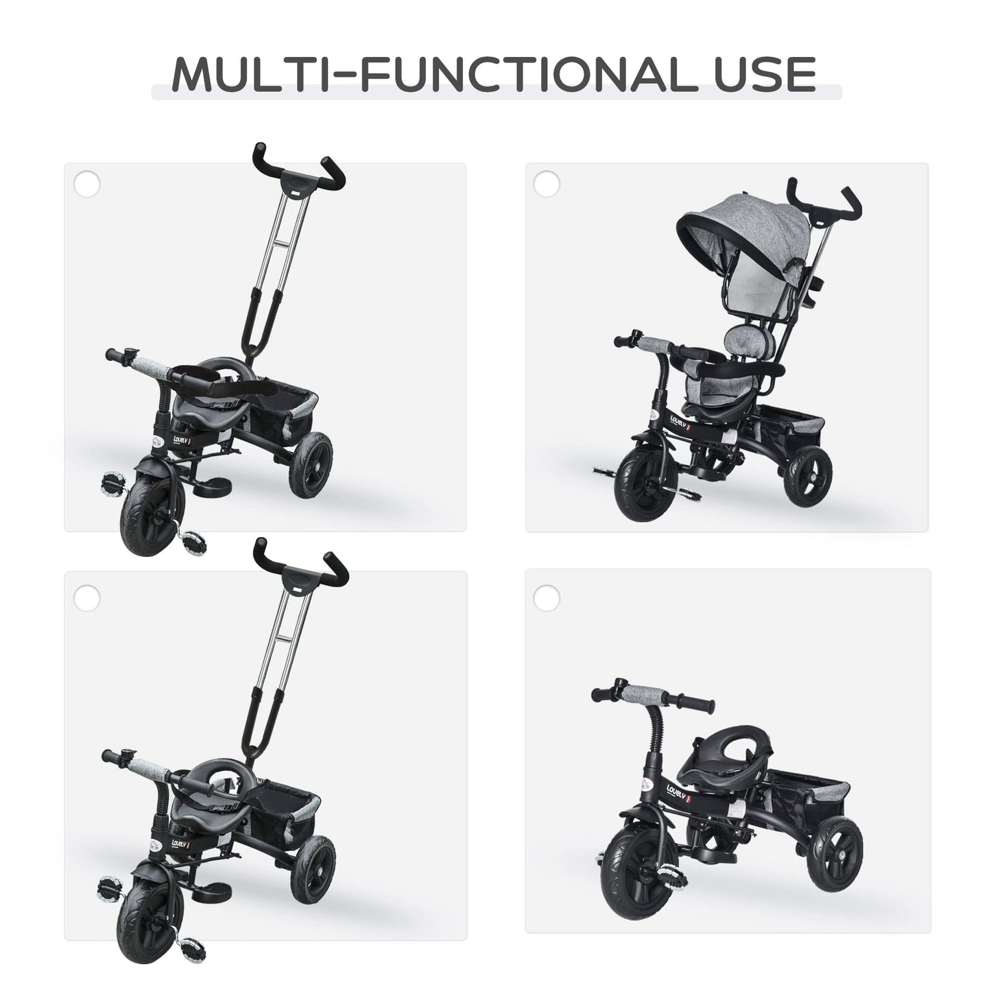 HOMCOM 4 in 1 Tricycle for Kids Toddler Trike with Parent Handle Push Along Pedal Trike Removable Canopy Safety Belt Storage Footrest for 18 Months to 5 Years Grey