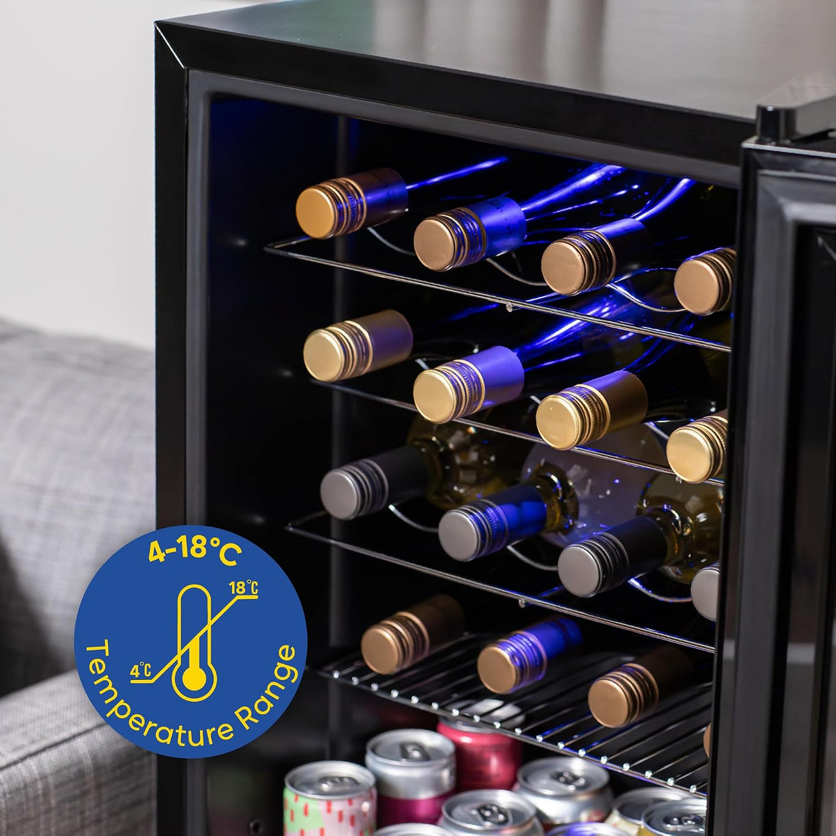 Russell Hobbs 20 Bottle 62L Mirrored Door Wine Cooler Freestanding Beverage Drinks Fridge, LED Light with Touch Control, Digital Display, Adjustable Shelves, Glass Door RH20WC201MR