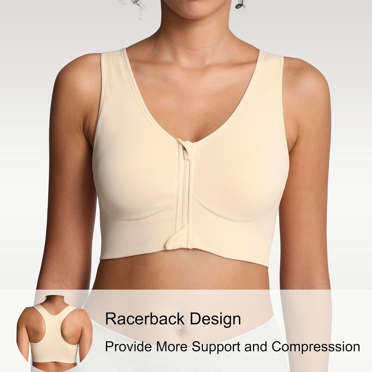 Lemef Front Zipper Sports Bras High Impack Post Op Compression Bras for Women Post Surgery Wireless Racerback Yoga Bra