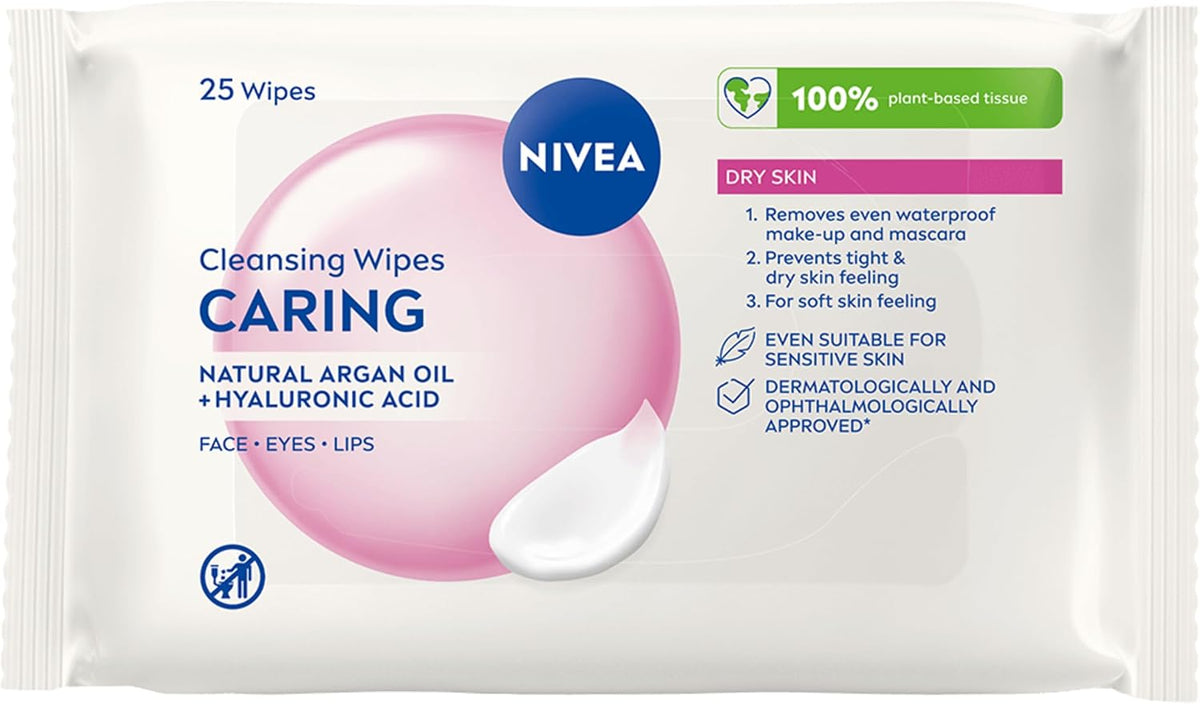 NIVEA Caring 3-in-1 Cleansing Face Wipes for Dry Skin (25 Sheets), Nourishing Face Cleanser and Makeup Wipes for Gentle Yet Effective Makeup Removal,packaging may vary