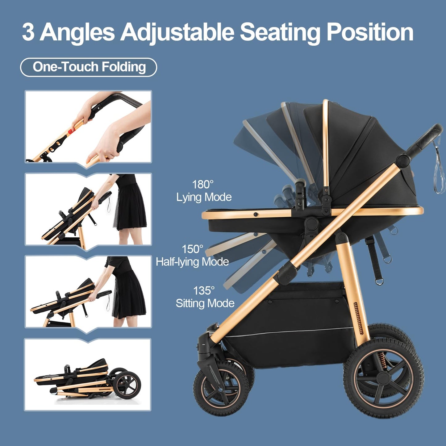 Gcarebb 3 in 1 Prams Travel System, Pushchair with Height Adjustable Handle, Travel Pram with Mosquito Net, Baby Stroller with Aluminum Frame for Newborn 0-4 Years