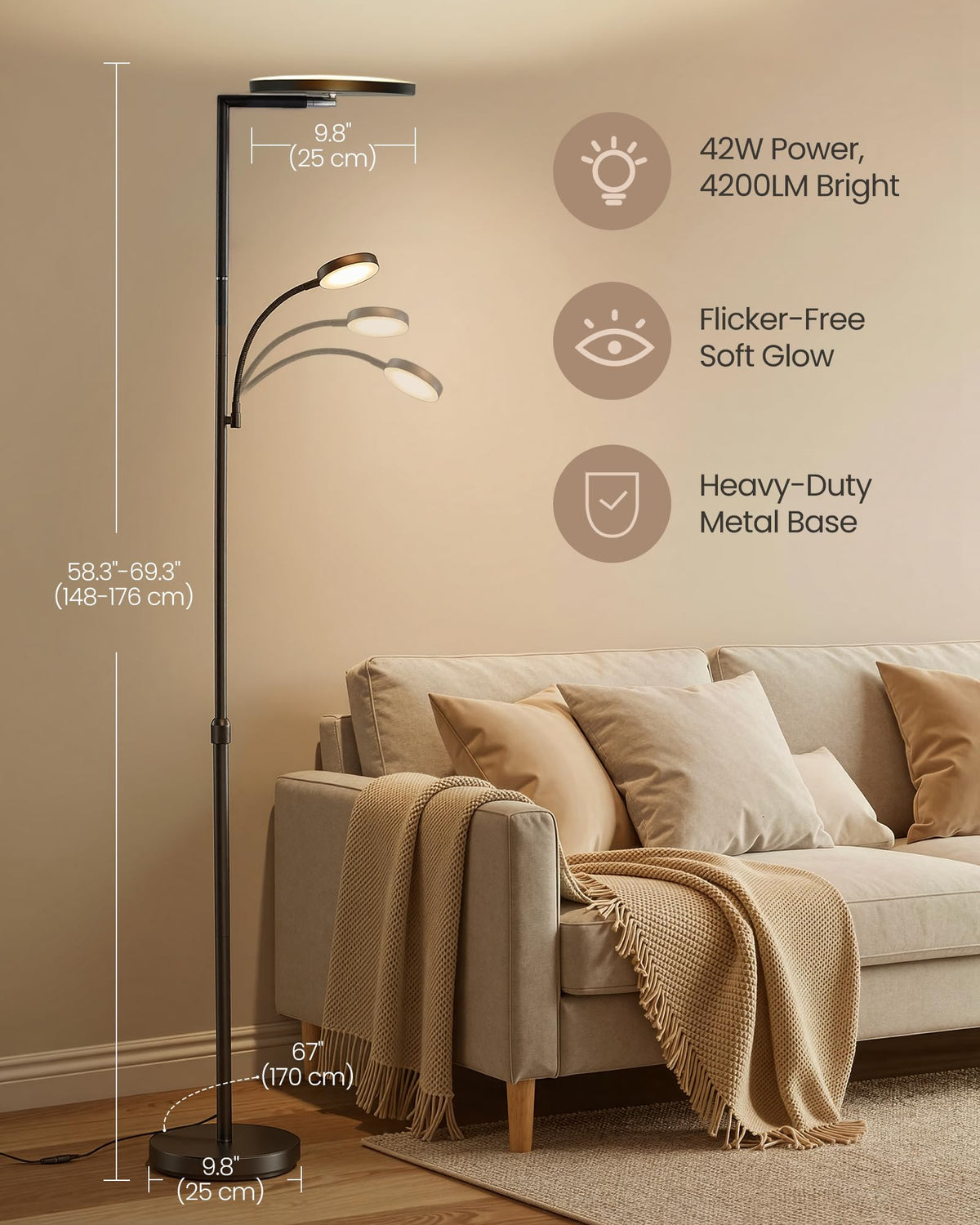 VASAGLE LUSIA LED Floor Lamp, Uplighter, Reading Light, 38.5x23.5x176cm