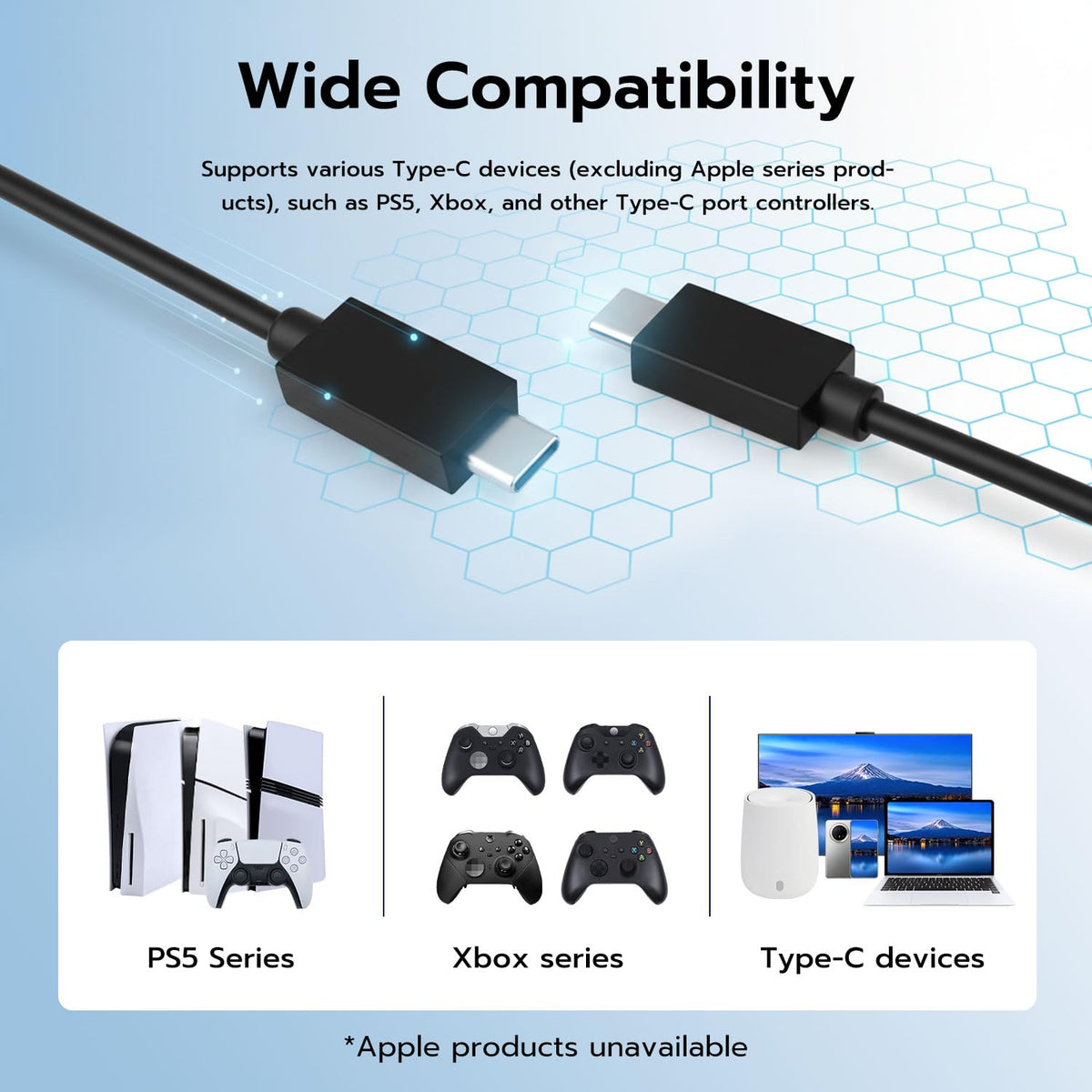 Mcbazel 3M Charging Cable for PS5 Controller, USB-C 3A Fast Charging Cable, Type-C Power Cable, Charger for PlayStation 5 Controller/Xbox Series X/S Controller