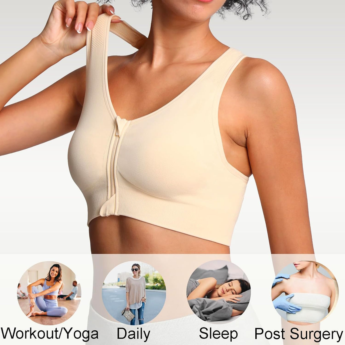 Lemef Front Zipper Sports Bras High Impack Post Op Compression Bras for Women Post Surgery Wireless Racerback Yoga Bra