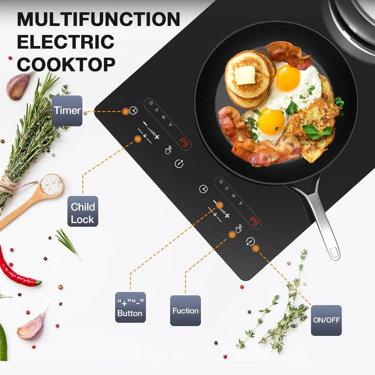 VBGK 2 Ring Electric Hob with Knob, 220V 3000W Double Ceramic Hob, 9 Power Levels, Kids Lock & Timer, Hot Surface Indicator, Overheat Protection, Knob and Touch Control Double Electric Hob