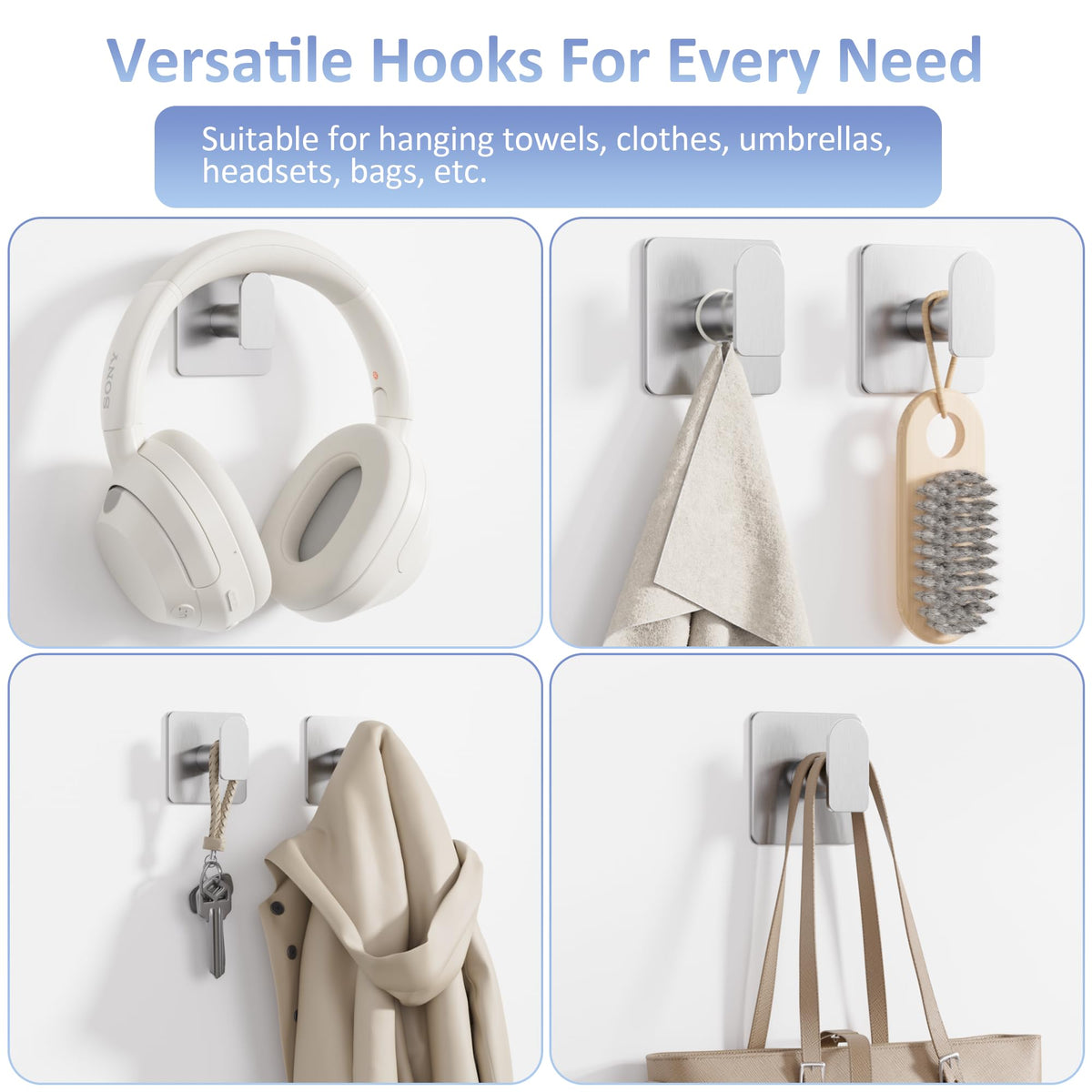 Aikzik 4 Pack of Self Adhesive Hooks, Max 8kg Load Sticky Hooks, Tea Towel Hooks, Versatile Self-Adhesive Wall Hooks for Use in Bathrooms, Kitchens, Doors, Cupboards, Bed Curtains, Towels, Key