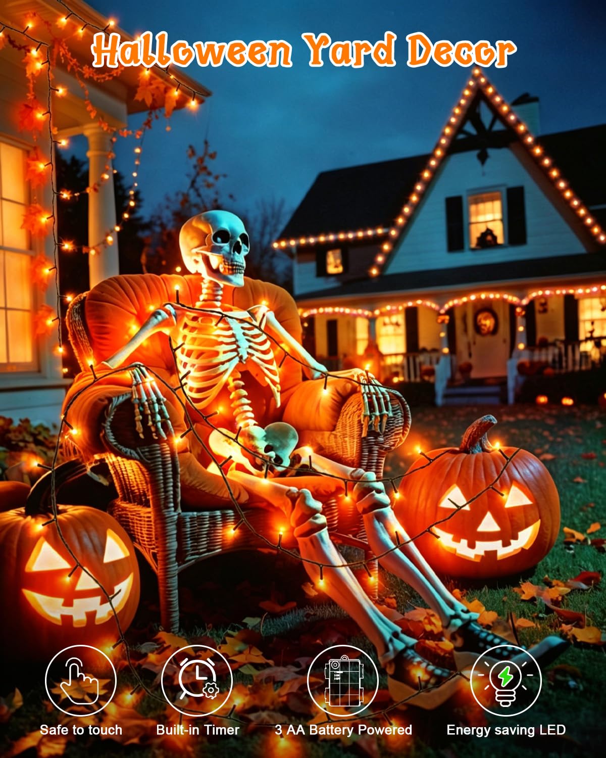 Dalugo Halloween Decoration Lights, 5M 50 LED Orange Purple White Fairy Lights with Timer, IP65 Waterproof Battery Powered Lights for Indoor Outdoor Autumn Halloween Decorations(Green Wire)