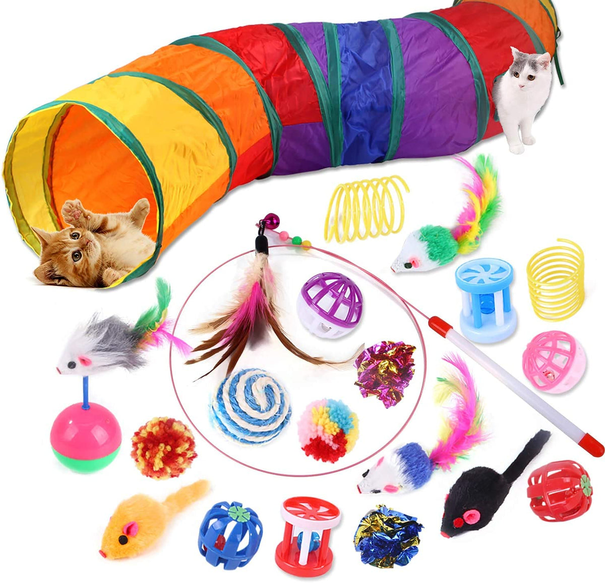20 Pcs Cat Toys for Indoor Kitten, Collapsible Tunnel, Interactive Feather Wand Ball Spring Mice Toy for Puppy Kitty
