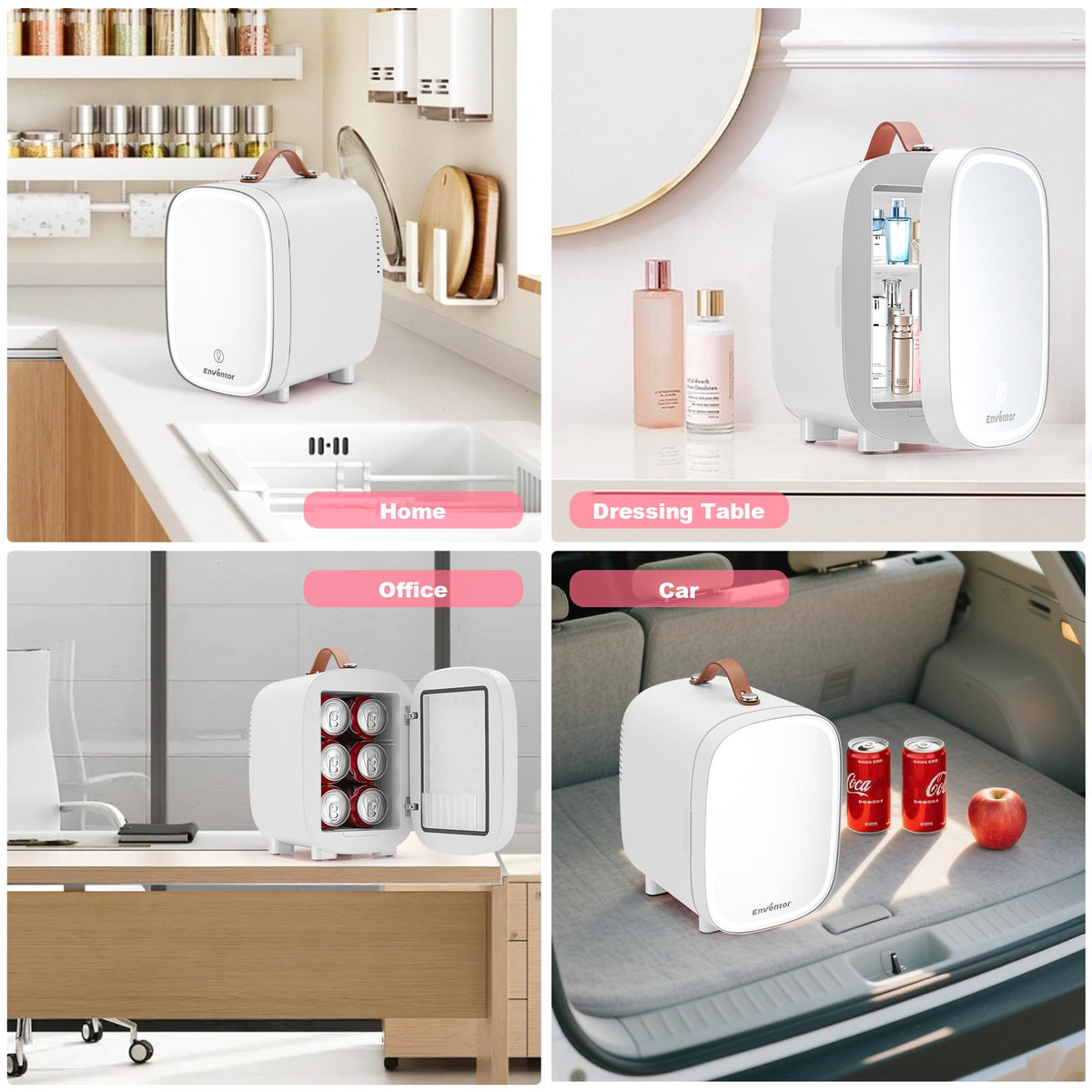 Enventor Mini Fridge 4L/ 6 Can, 3-Level Dimmable LED Mirror, AC+12V DC