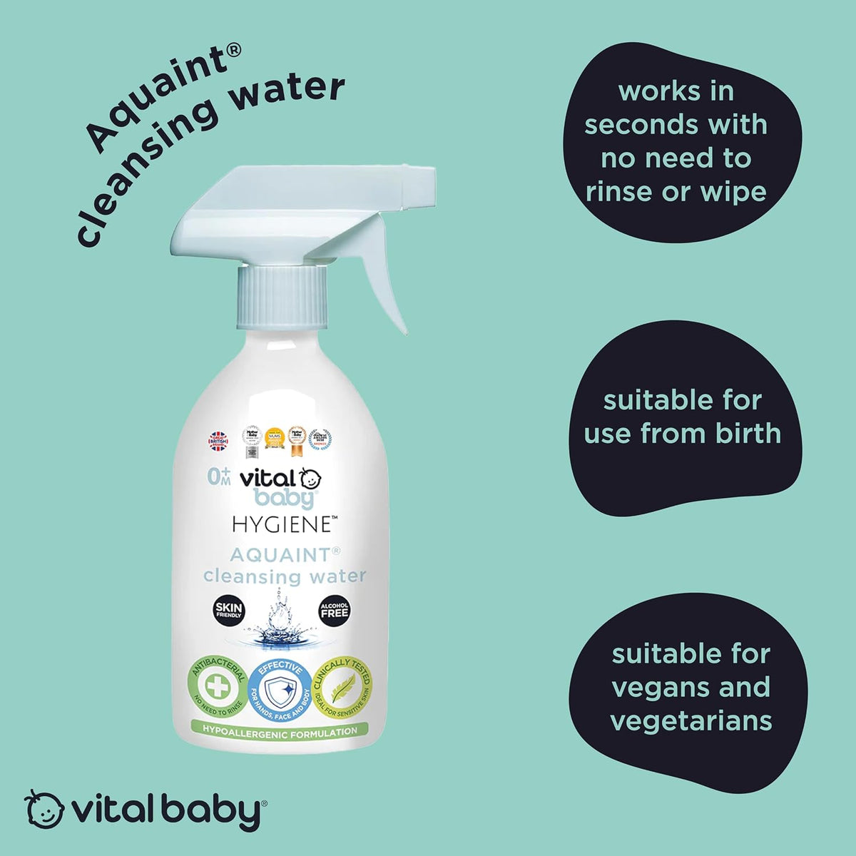 Vital Baby Aquaint Cleansing Water 1L | Hypoallergenic, Antibacterial