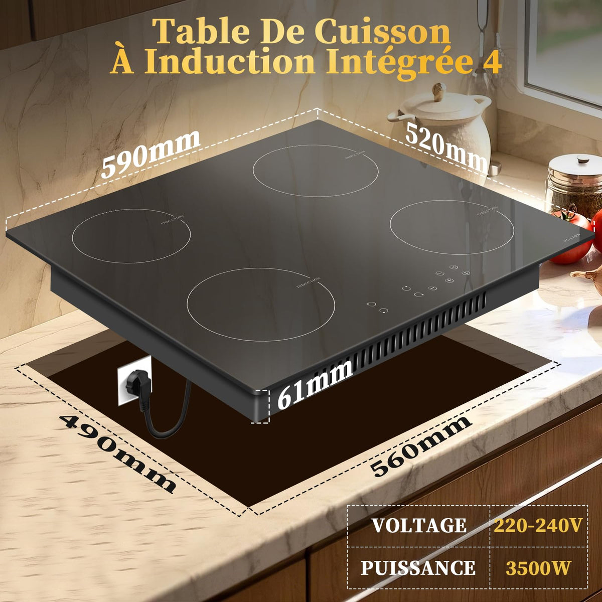 Noxton Plug in Induction Hob, 4 Zones Electric Hob 60cm, Touch Control with Child Safety Lock,UP to 99 Min Timer Black Crystal Glass