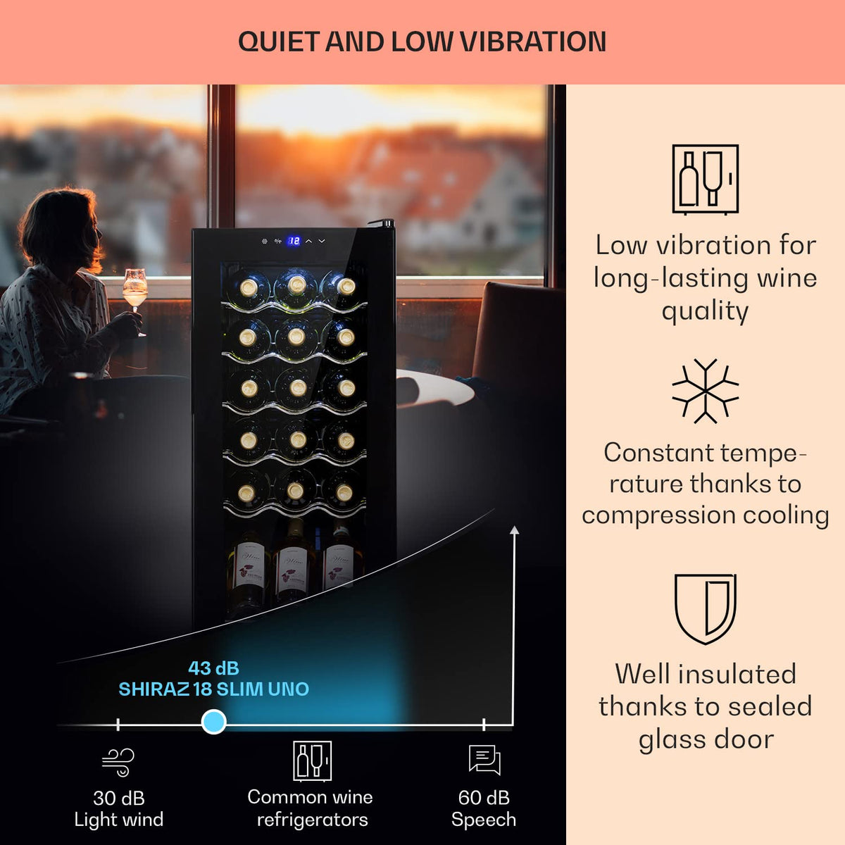 KLARSTEIN Shiraz Wine Cooler Black – 8 Bottles, 1 Zone | Freestanding Wine Fridge with Glass Door, Quiet, 5–18 °C, LED, Stainless Steel Frame