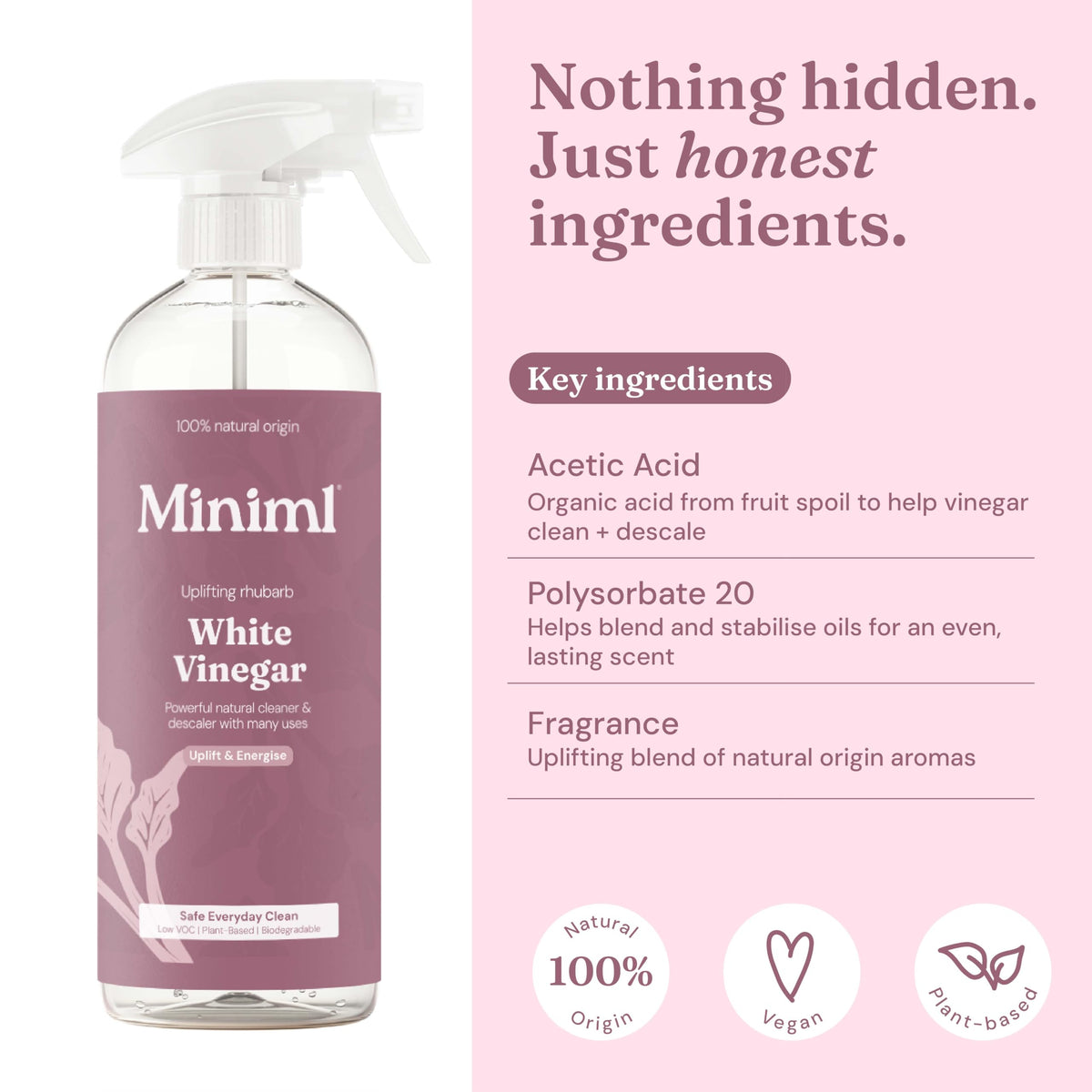Miniml Eco White Vinegar Cleaning Unscented 750ml - All Natural Multi-Surface & Multi-Purpose Cleaner, Limescale Remover, Laundry Softener & More - 100% Vegan & Cruelty Free