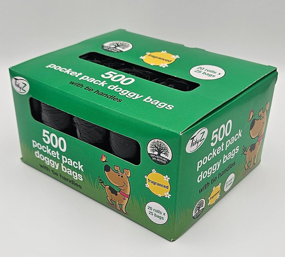500 TidyZ Dog Poo Bags. Minimum 30% Recycled Plastic. Strong, Large Pet Waste Bags. Tie Handles, Individual Pocket Packs. Scented. Leakproof. 20 Rolls of 25 Bags