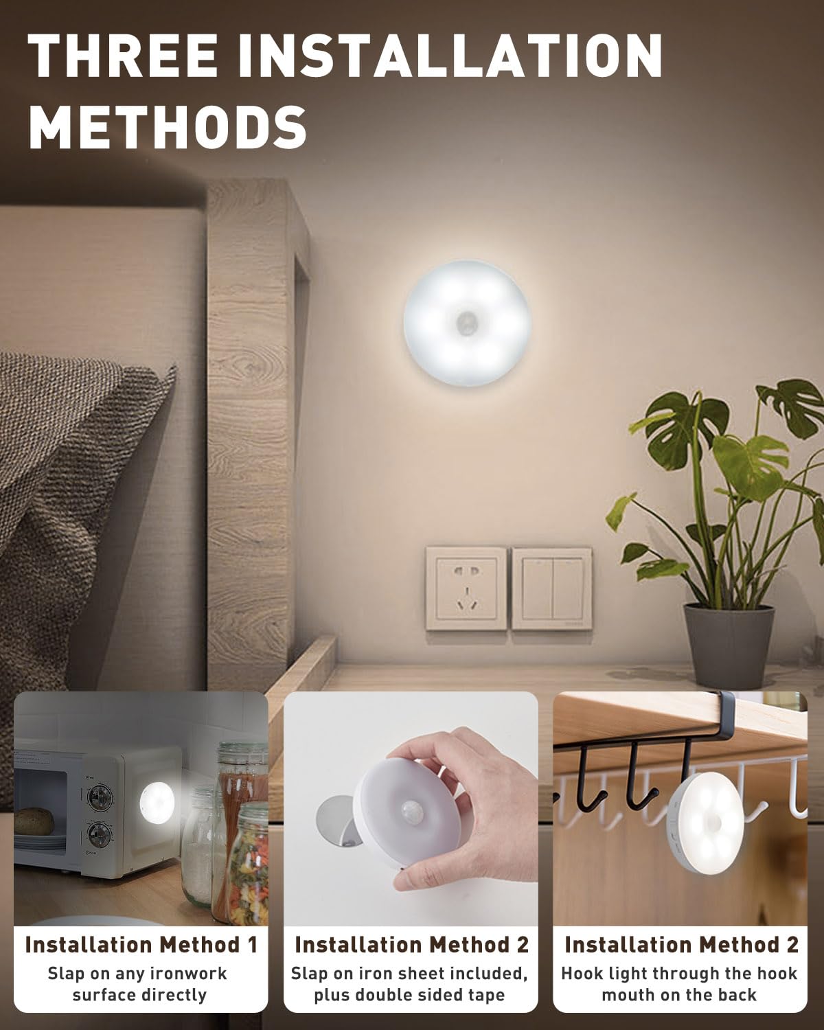 Motion Sensor Lights Indoor, 6 Pack Cupboard Lights, Stair Lights Night Lights, 3 Modes USB Charging Wall Lights, Magnetic Sensor Lights Indoors for Kitchen Stair Closet Under Cabinet
