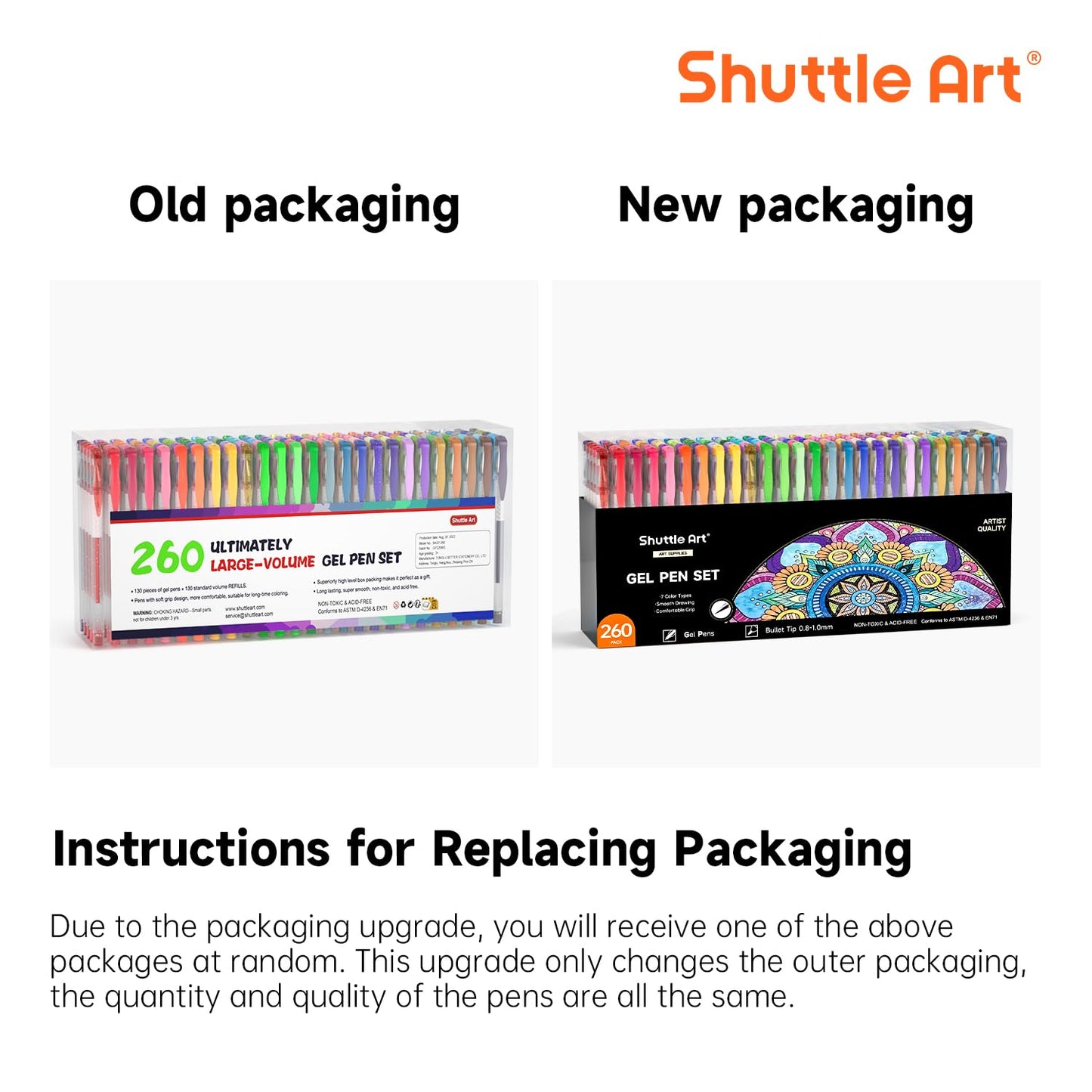Shuttle Art Gel Pens for Colouring, 260 Pack Gel Pens Set, 130 Assorted Colours plus 130 Refills, Glitter Neon Pastel Metallic Colours, Ideal for Adult Colouring Books, Doodling, Drawing, Writing