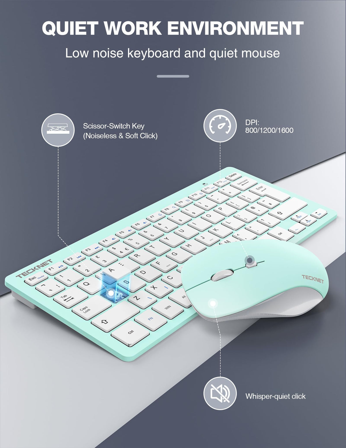 TECKNET Mini Wireless Keyboard and Mouse Set, 2.4G Cordless USB, Black