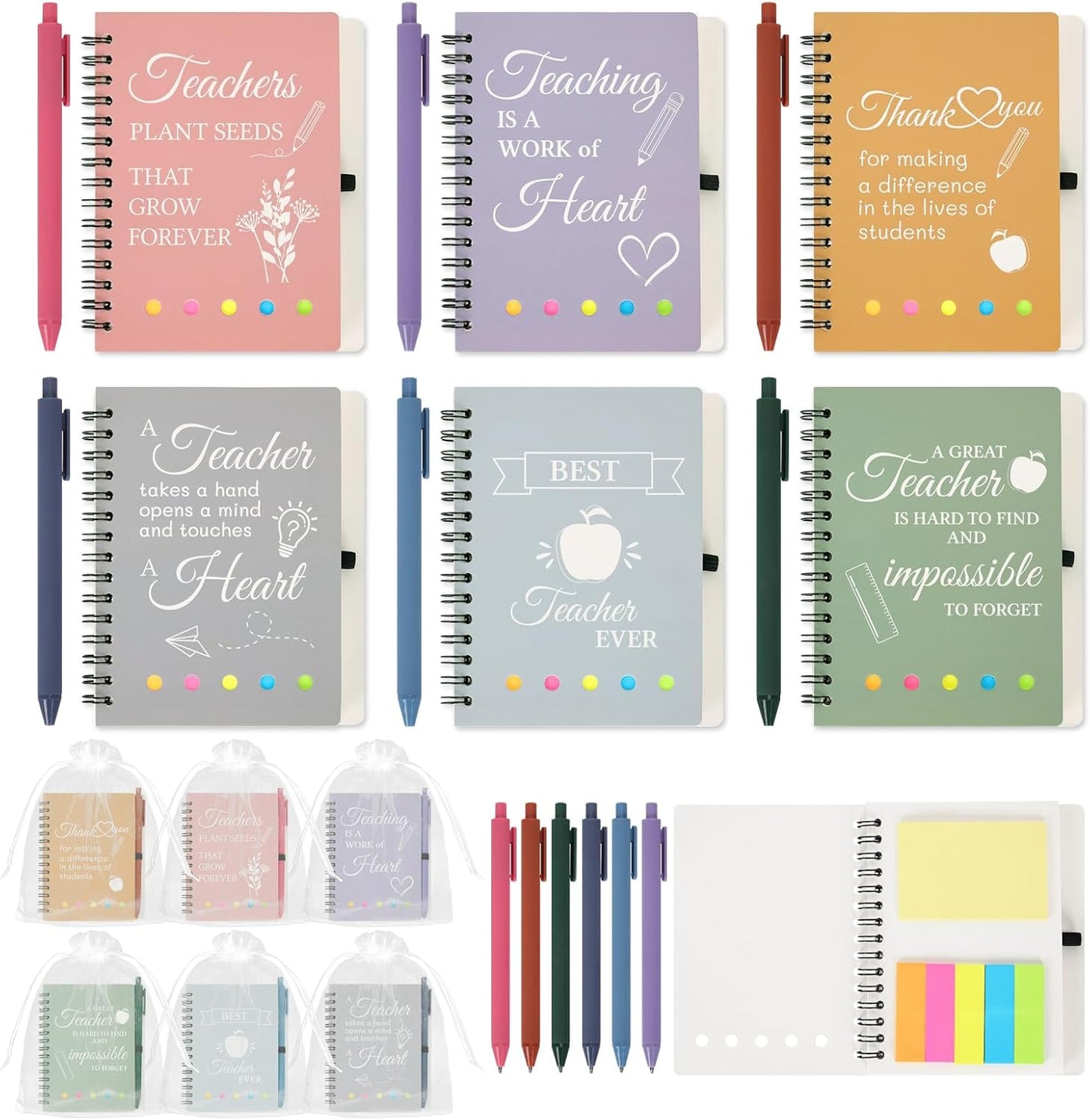 GADITIEK 6 Sets Thank You Teacher Gifts, Teachers Notebook Gifts for Women Men, Gift Teacher Multipack with Pen and Organza Bag for Nursery, Teaching Assistant, Teacher Gift
