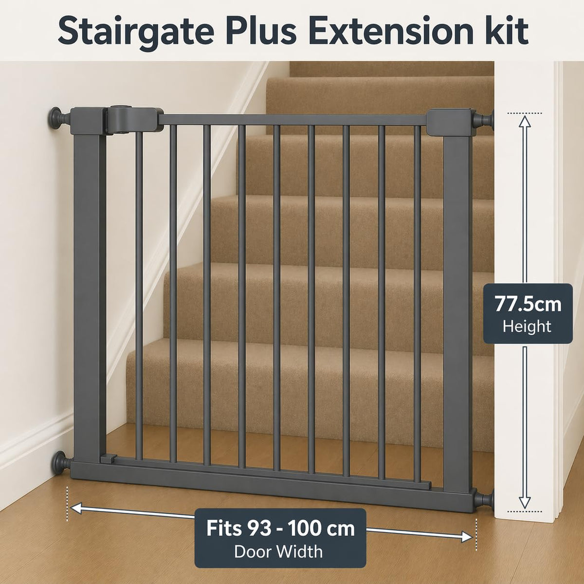 For Your Little One Pressure Fit Safety Stair Gate – 100–107 cm – 2 x 7 cm Extensions Included – No Screws Needed | One-Hand Opening | Baby & Pet Gate for Stairs & Doorways, Grey