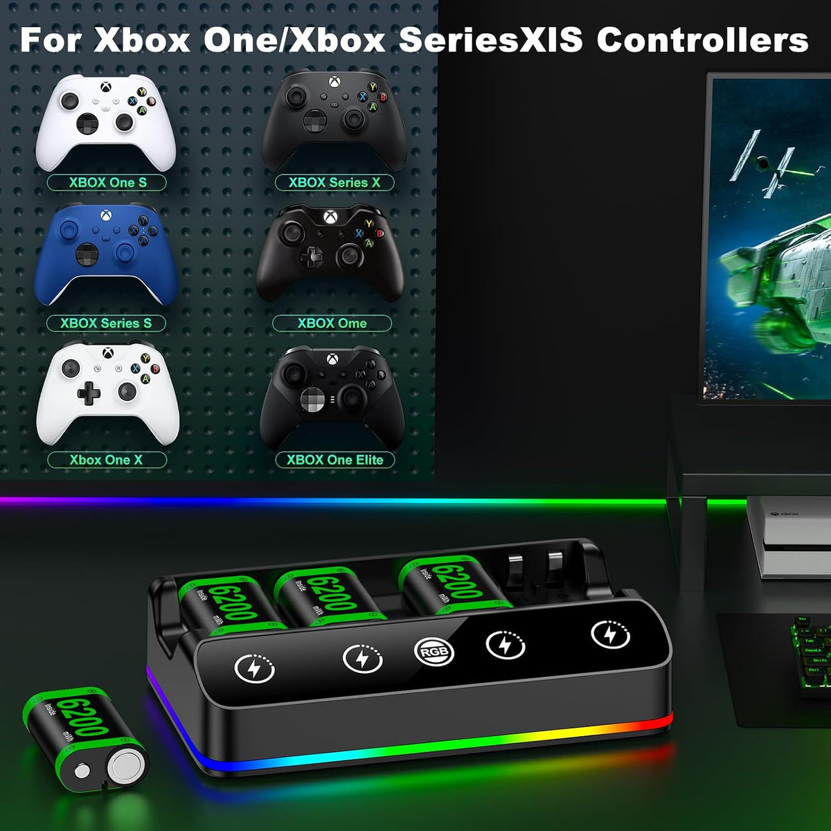 Rechargeable Battery Pack for Xbox One/Series Controller, 4x6200mWh Battery Pack with Charger/Cooling RGB/25H Playtime, Compatible with Xbox One/S/X/Elite 1, Series S/X Controller