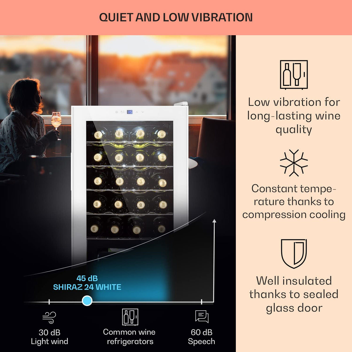 KLARSTEIN Shiraz Wine Cooler Black – 8 Bottles, 1 Zone | Freestanding Wine Fridge with Glass Door, Quiet, 5–18 °C, LED, Stainless Steel Frame