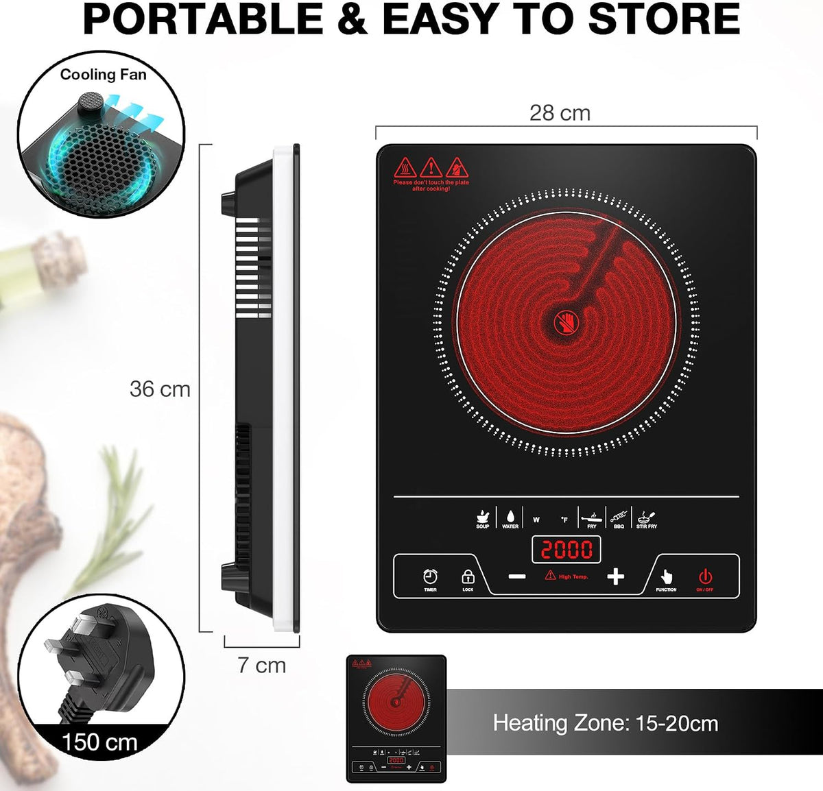 VBGK Portable Ceramic Hob, 2000W Pulg in Single Electric Hob, Portable Electric Hob with Digital LED Touch Controls, 10 Power Levels, 4-Hour Timer, Child Safety Lock, Black