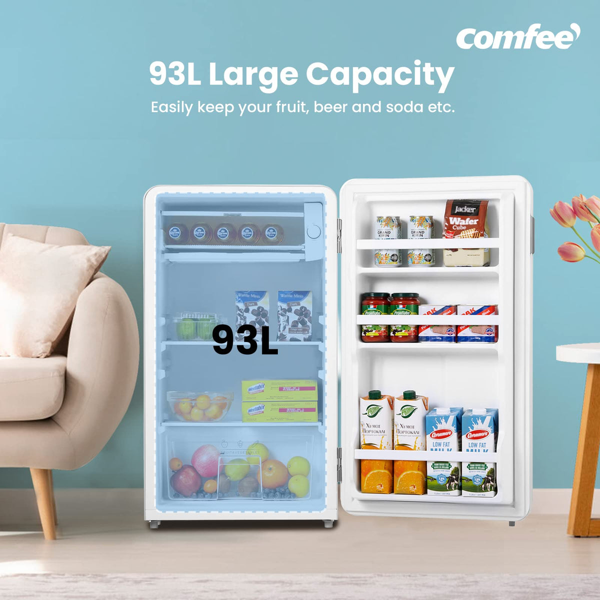 COMFEE' 88L Under Counter Fridge, Cooler Box, Removable Handle, Black