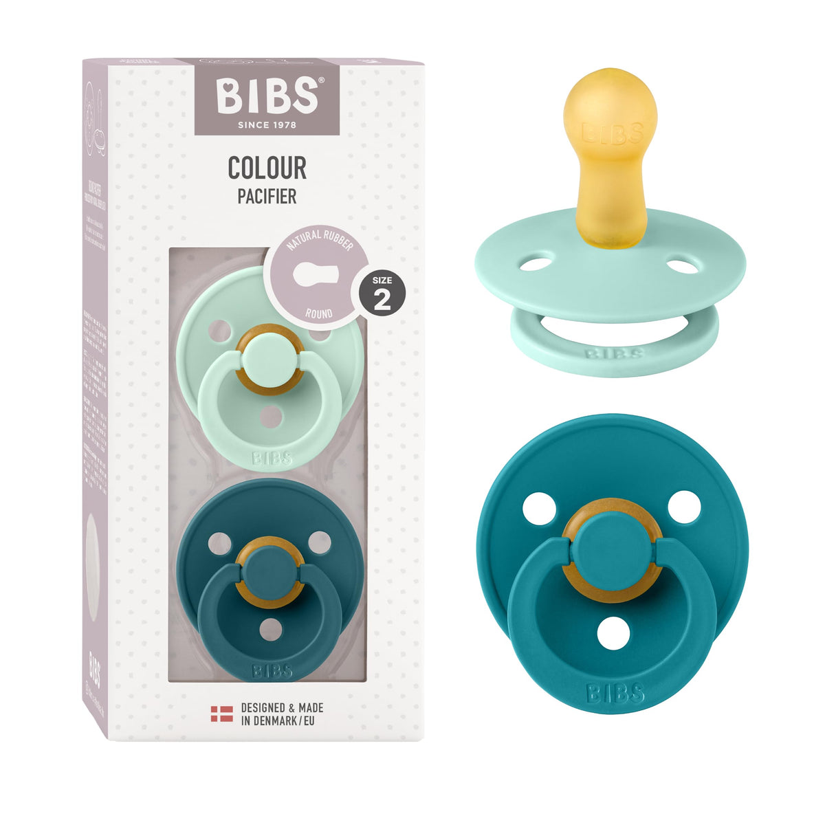 BIBS Colour Soother 2-Pack, BPA Free Dummy Pacifier, Round Nipple. Natural Rubber Latex, Made in Denmark, Size 2 (6-18 Months), Baby Blue