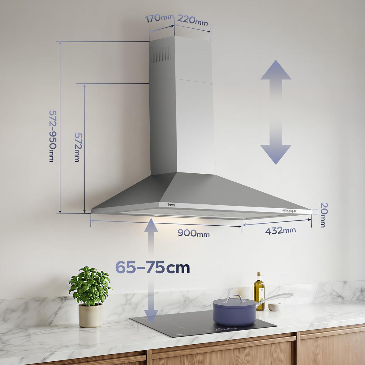 CIARRA 90cm Wall-Mount Cooker Hood 370m³/h Ducting & Recirculation CAS9201A