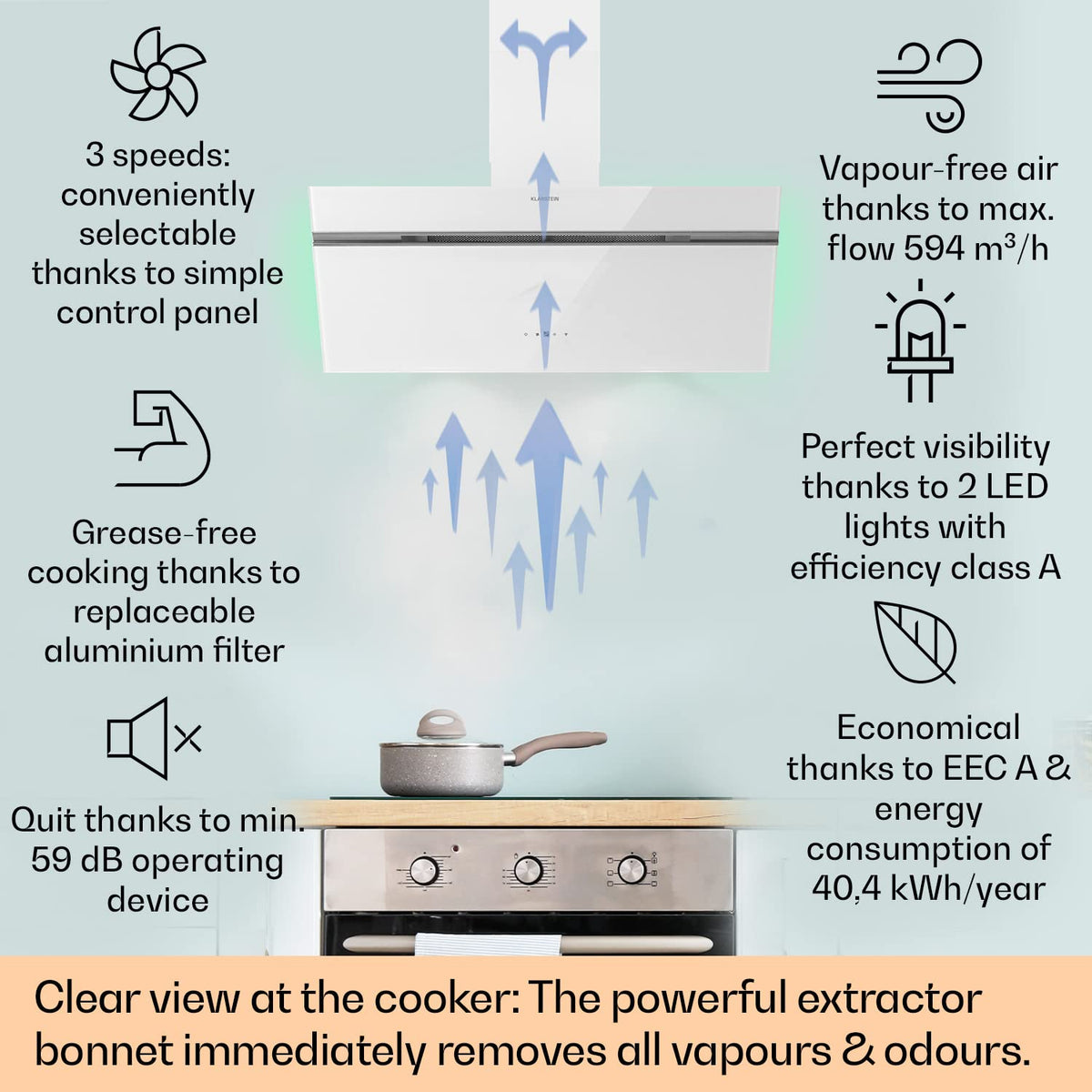 Klarstein Alina 90 Angled Cooker Hood - 615m³/h Air Flow, Touch Panel, LED Backlighting, Quiet 63dB, Energy Class A, 90cm Extractor Hood, Black