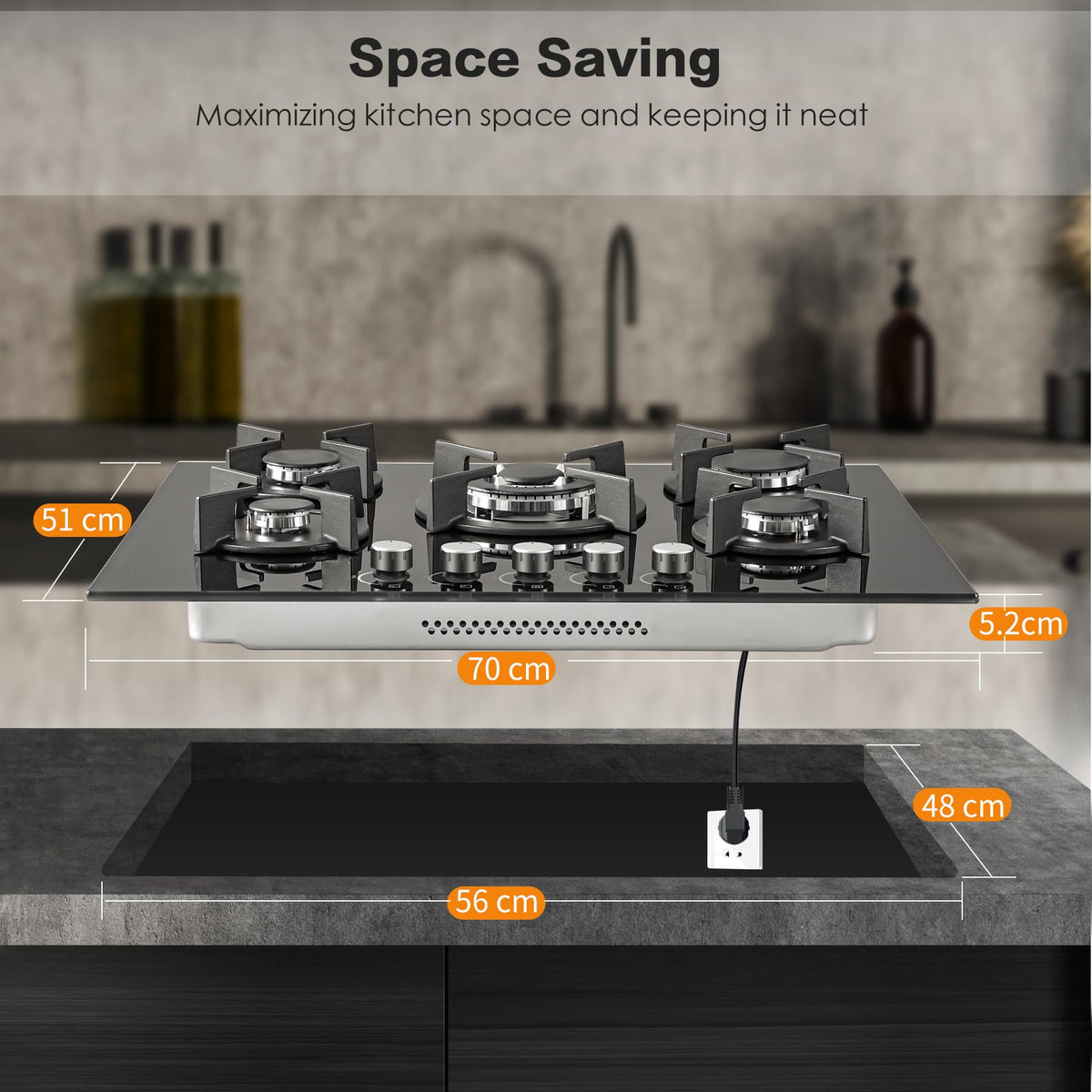 SNDOAS Gas Hob 4 Burners, NG/LPG Convertible, Built-in Black Glass Gas Hob with Wok Burner, Flame Failure Protection, 8000W, YYUKGCT-B04