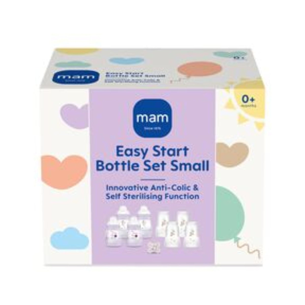 MAM Easy Start Anti-Colic Bottle Starter Set | Includes 4X Feeding Bottles and MAM Original Start 0-2 Month Soother | Self-Sterilising | Baby Gift Set of Newborn Essentials | White (Various Designs)