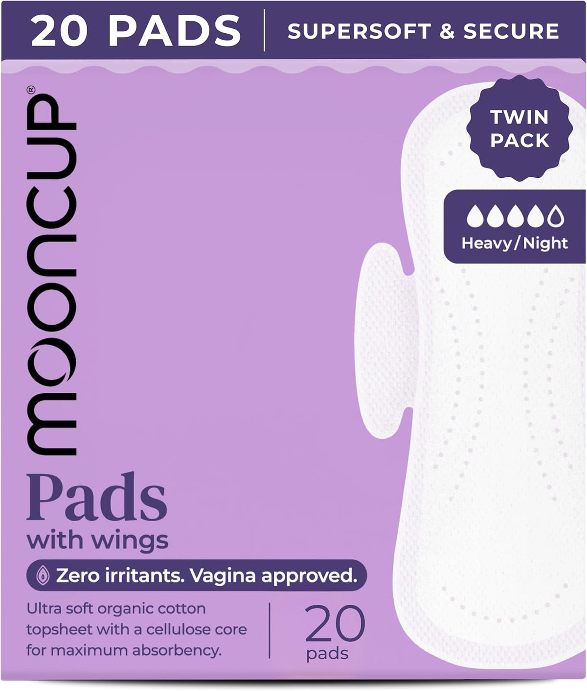 Mooncup Pads with Wings - Biodegradable Pads Made with Organic Cotton for Irritation-Free Period Care - Leakproof, Plastic-Free, Highly Absorbent Protection for Sensitive Skin - (20) Heavy/Night