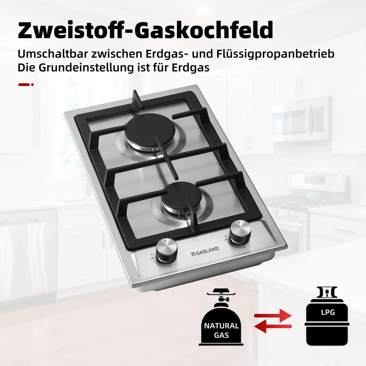 GASLAND GH60SF 60cm Built-in Gas Hob, 4 Burners Stainless Steel Gas Cooktop with Flame Failure Protection, NG/LPG Convertible, 8000W