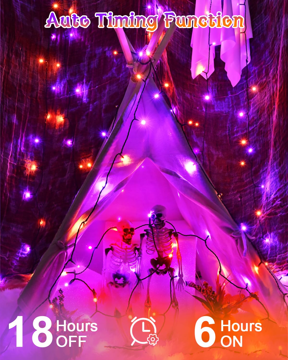 Dalugo Halloween Decoration Lights, 5M 50 LED Orange Purple White Fairy Lights with Timer, IP65 Waterproof Battery Powered Lights for Indoor Outdoor Autumn Halloween Decorations(Green Wire)