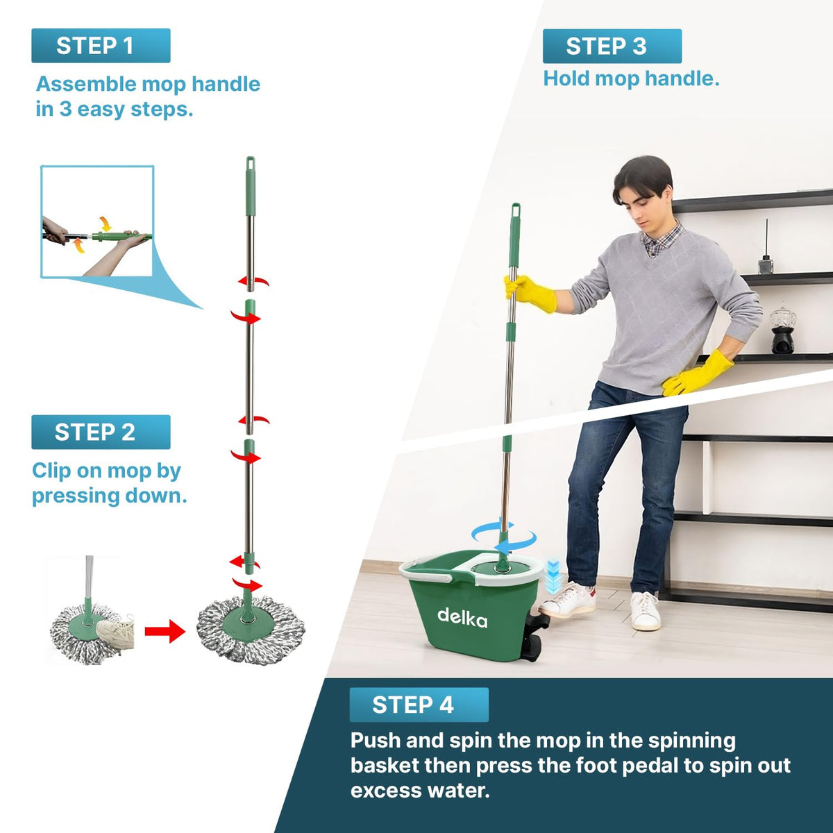 delka Spin Mop and Bucket Set – Easy Foot Pedal Water Removal, 360° Swivel Motion, Includes 2 Microfibre Mop Heads, All-Surface Cleaning, Splash Guard for Clean Mopping (Spin Mop Grey and White)