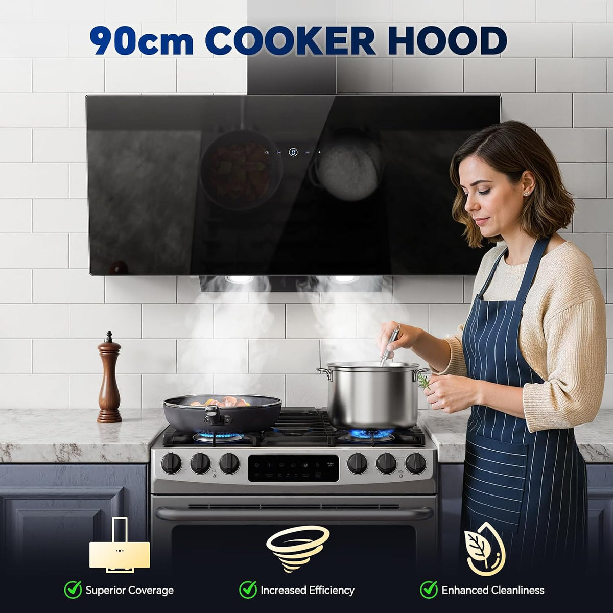 TopStrong Cooker Hood 90cm, 600 m³/h Extractor Fan kitchen, Wall-Mounted Extractor Hood, A++ Energy Efficiency, Touch Control, 58 dB, Recirculating & Ducting System, Black