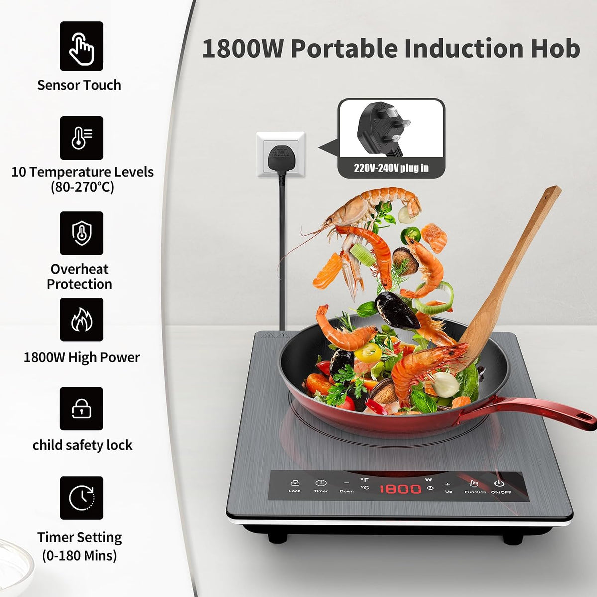 VBGK Double Electric Hob, 220V 3600W Ceramic Hob with Handle, Electric Hot Plate with 9 Power Levels, Child Safety Lock, Timer,Knob and Touch Control, 2 Burner Cooktop