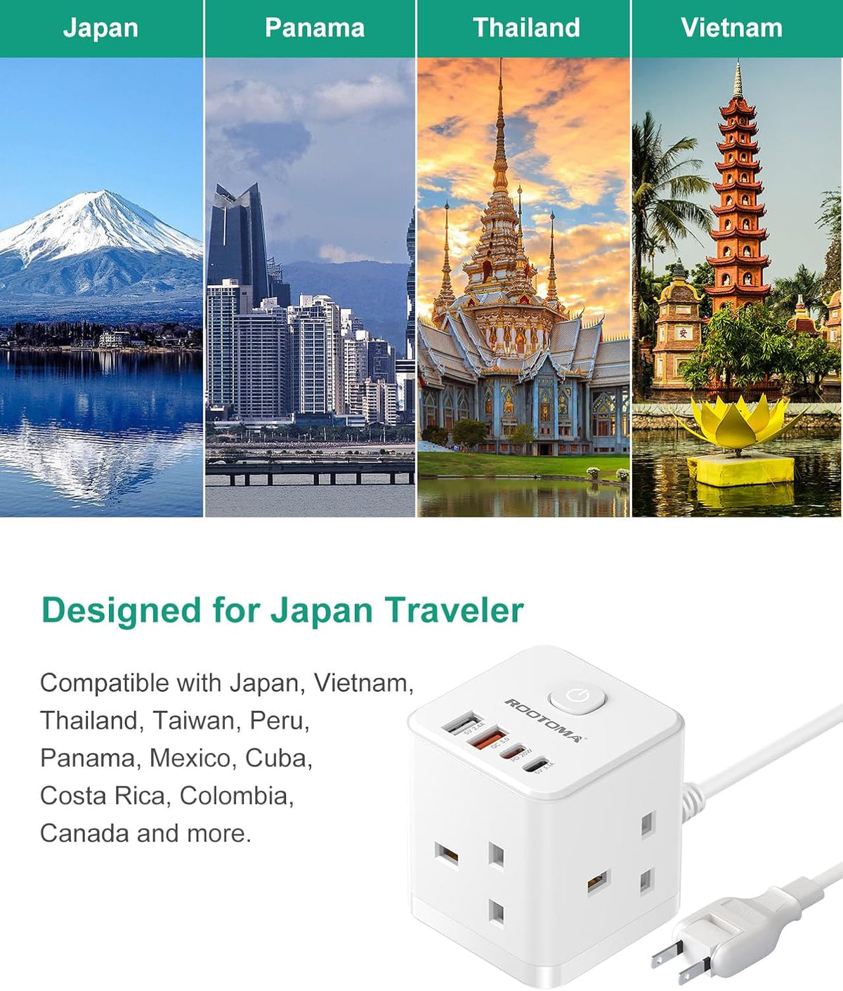 Japan Travel Adapter 3 Way 4 Fast Charging USB (QC3.0/PD20W)