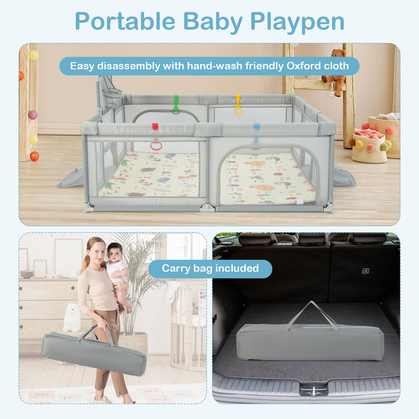 COSTWAY Baby Playpen, Toddler Mesh Play Pen with Mat, Pull Rings, Basketball Hoop, Football Nets, Ocean Balls, Indoor Outdoor Safety Playard for Babies and Toddlers (Light Gray, 207 x 142cm)